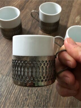 Silver-plated filagree and white porcelain demitasse espresso cups - Set of 4